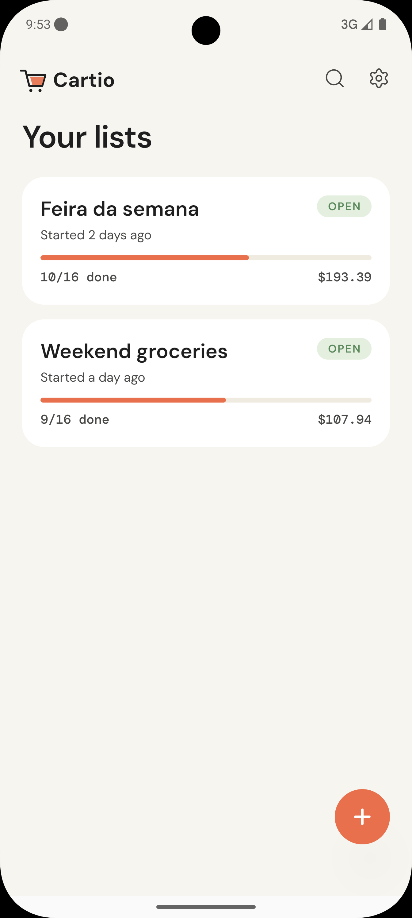 Cartio app — main shopping list view